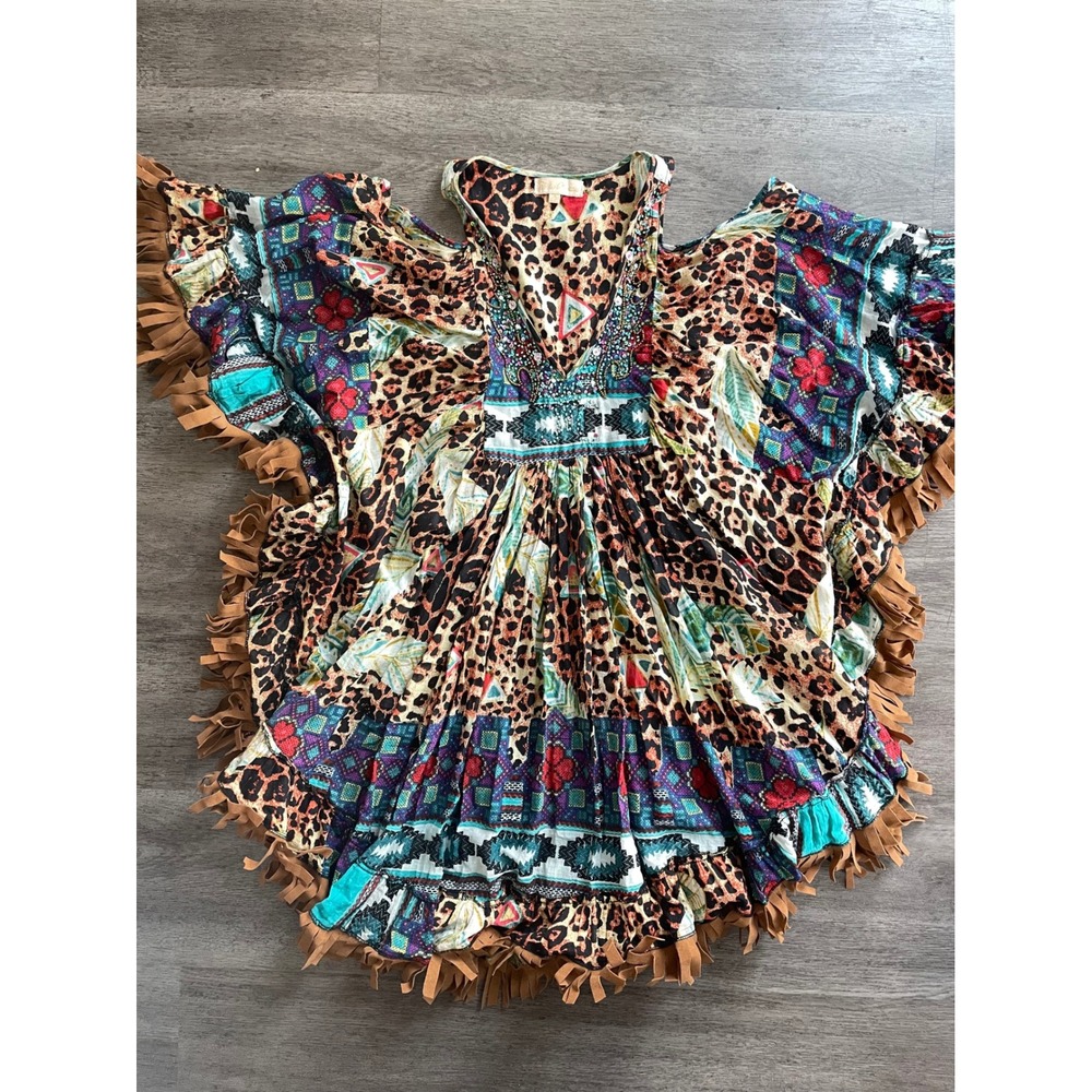 Chloe Laetitia Boho Patchwork‎ Leopard Fringe Kaftan Top S/M